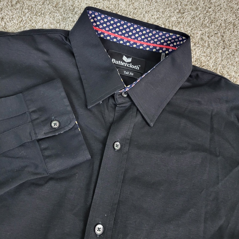 Buttercloth Mens 2XL Tall Fit Solid Black Performance Button Up‎ Long Sleeve